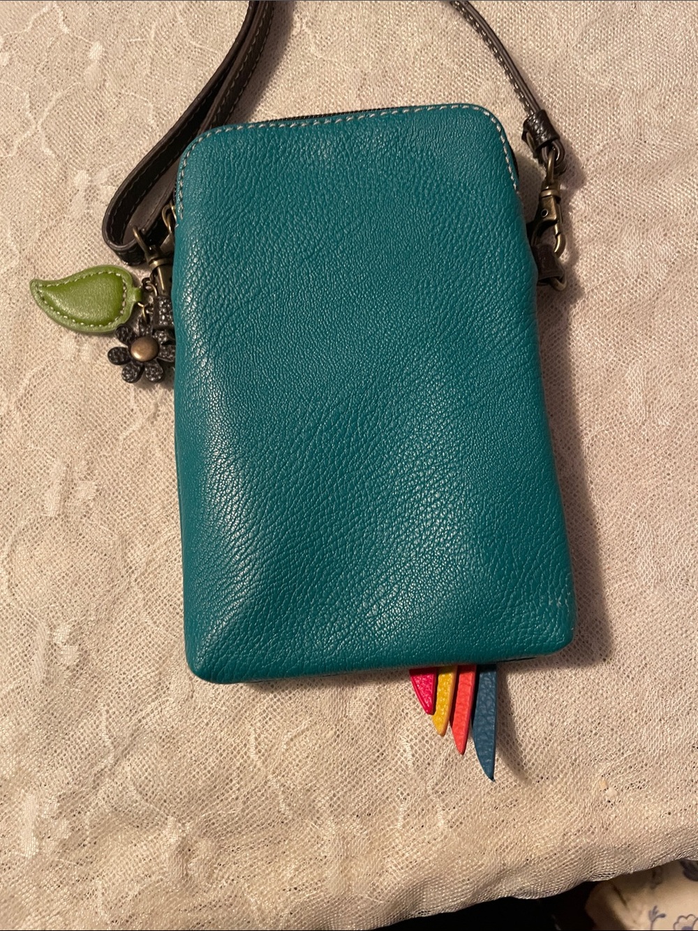 Chala Teal Crossbody Phone Pouch with Colorful Parrot Applique - Picture 4 of 6